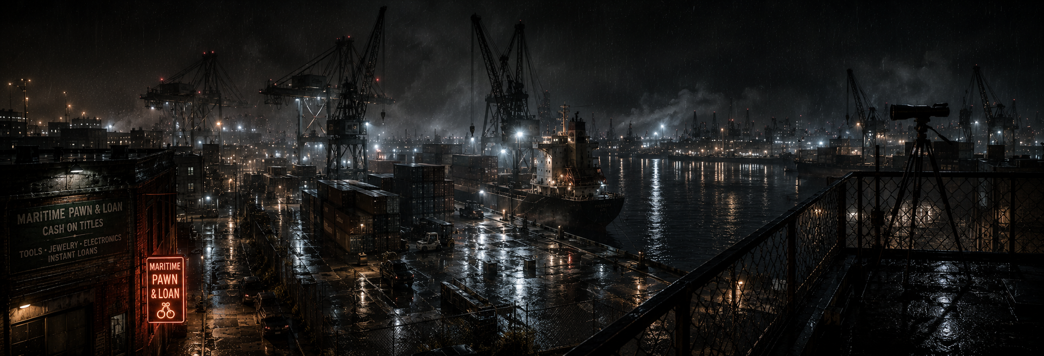 Harbor docks, pawn, and crane skyline
