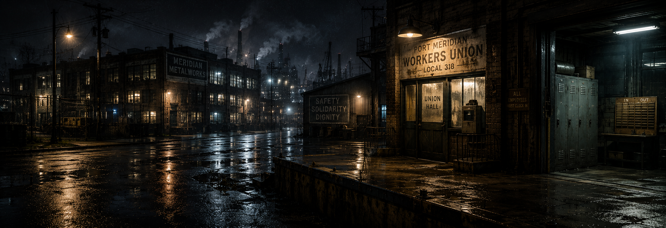 Labor Ward union hall and metalworks at night