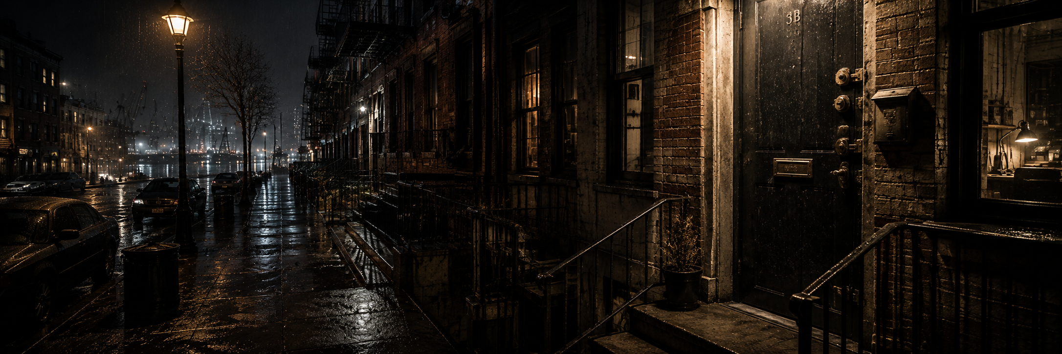 Safehouse street — locked door and warm desk lamp