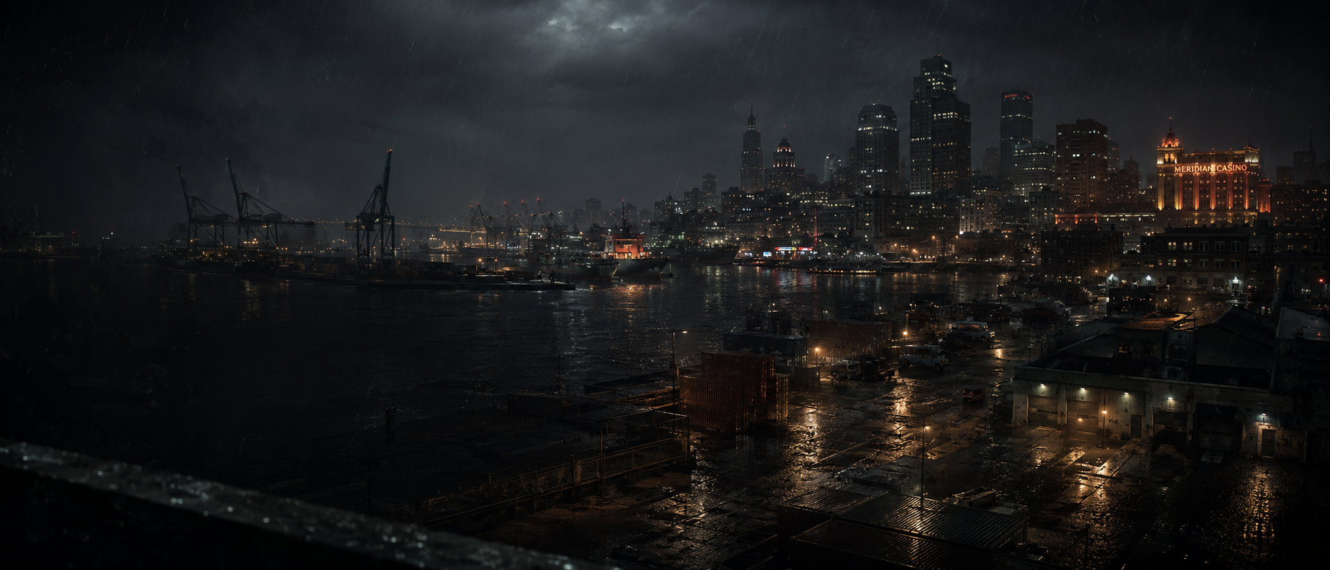 Port Meridian night skyline — wet docks, sodium lamps, rain on the harbor